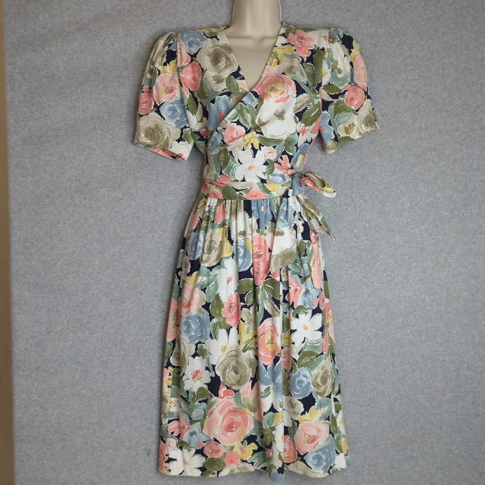 Vintage 80s California‎ Girl Dress 10 Pastel Roses Prairie Cottage Made USA Wrap